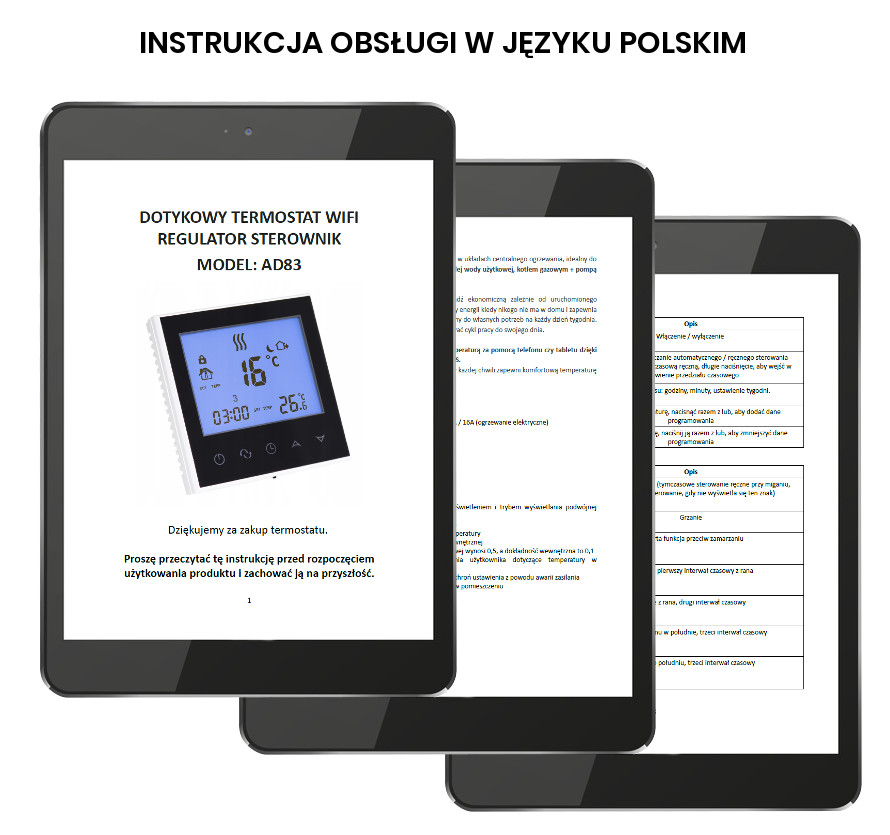 Polska instrukcja do Dotykowego termostatu WiFi regulatora sterownika białrgo AD8