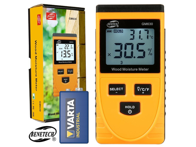 Bezinwazyjny wilgotnościomierz miernik wilgotności drewna + Varta 9V