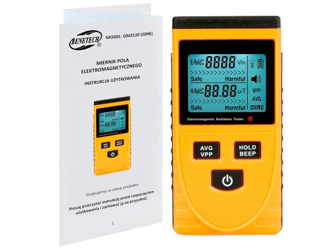 Miernik pola elektromagnetycznego, fal 1V/m-1999V/m / 0,01μT-99.99μT Benetech GM3120