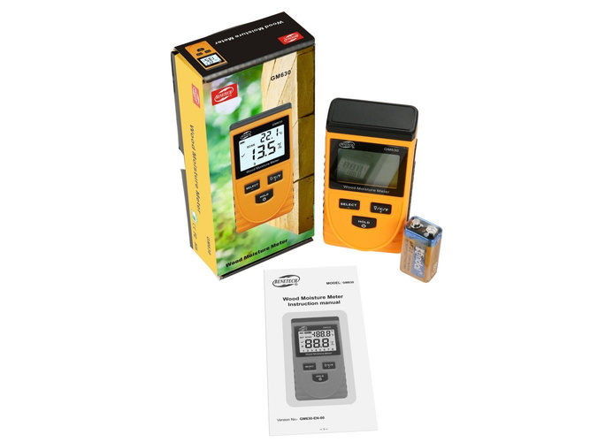 Bezinwazyjny wilgotnościomierz miernik wilgotności drewna + Varta 9V
