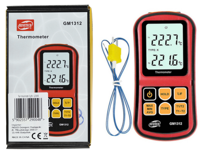 Cyfrowy termometr + termopara K-J-T-E-R-N-S x2 Benetech GM1312