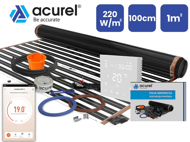 Termostat WiFi do ogrzewania elektrycznego + folia grzewcza 1m2 220W/m2 + akcesoria montażowe