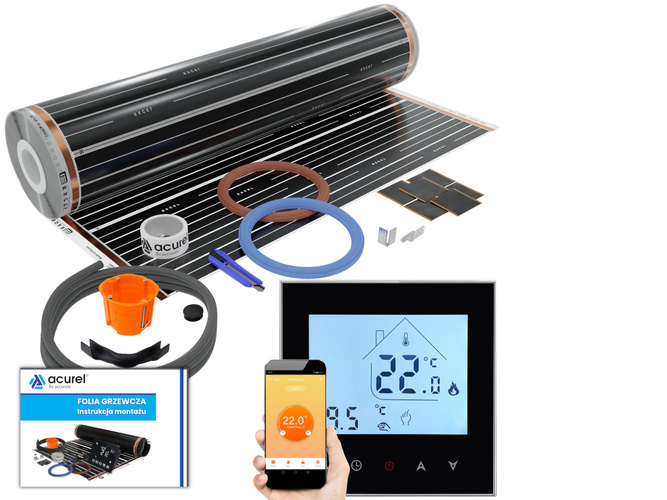 Termostat WiFi do ogrzewania elektrycznego + folia grzewcza 1m2 + akcesoria montażowe