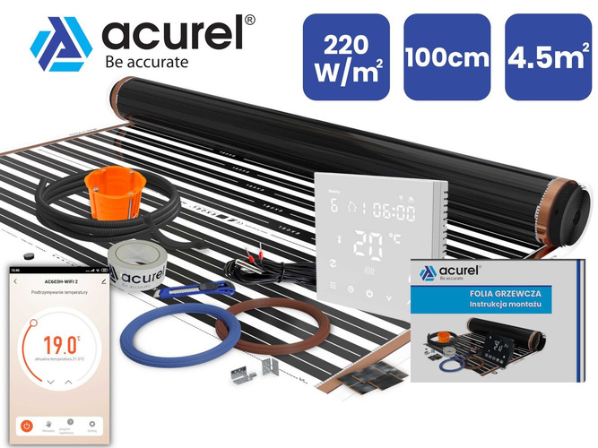 Termostat WiFi do ogrzewania elektrycznego + folia grzewcza 4,5m2 220W/m2 + akcesoria montażowe