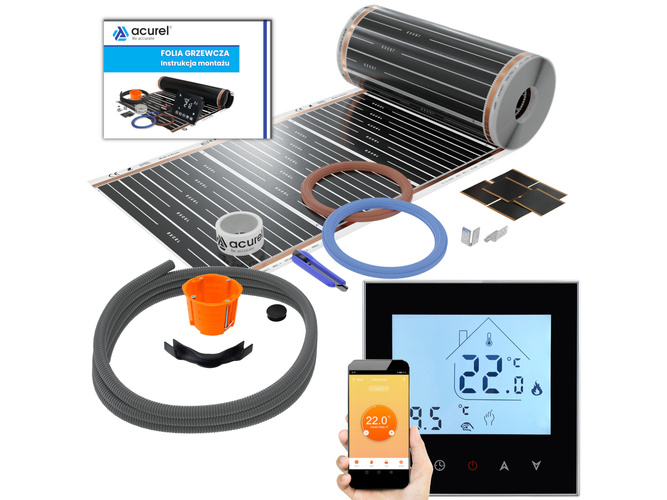 Termostat WiFi do ogrzewania elektrycznego + folia grzewcza 8m2 + akcesoria montażowe