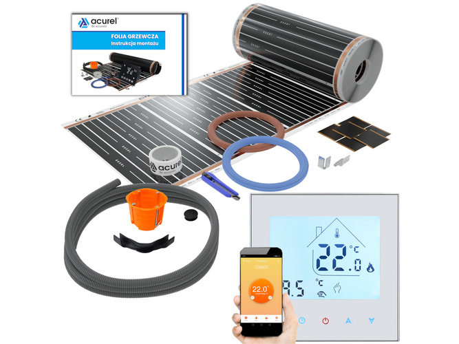 Termostat WiFi do ogrzewania elektrycznego + folia grzewcza 9m2 + akcesoria montażowe