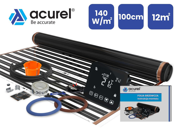 Termostat do ogrzewania elektrycznego + folia grzewcza 12m2 140W/m2 + akcesoria montażowe