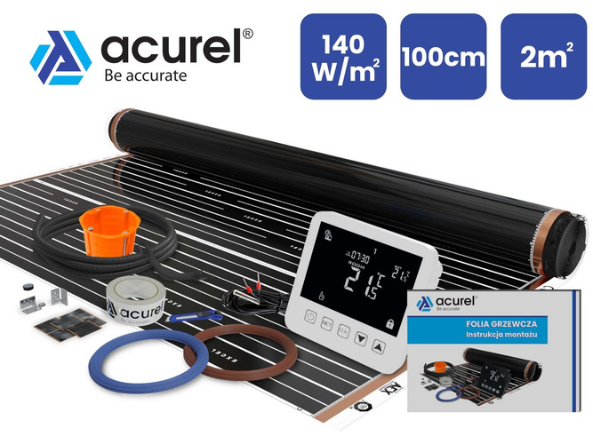Termostat do ogrzewania elektrycznego + folia grzewcza 2m2 140W/m2 + akcesoria montażowe