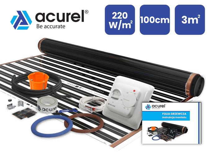 Termostat do ogrzewania elektrycznego + folia grzewcza 3m2 220W/m2 + akcesoria montażowe